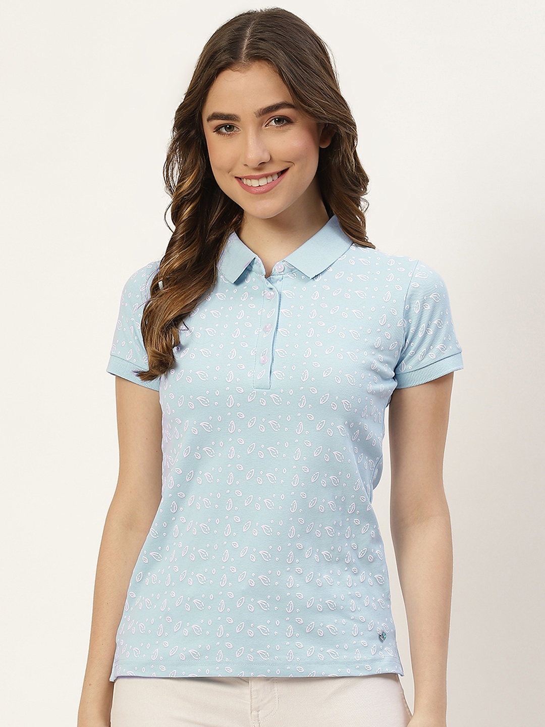 

Monte Carlo Women Blue & White Printed Polo Collar T-shirt