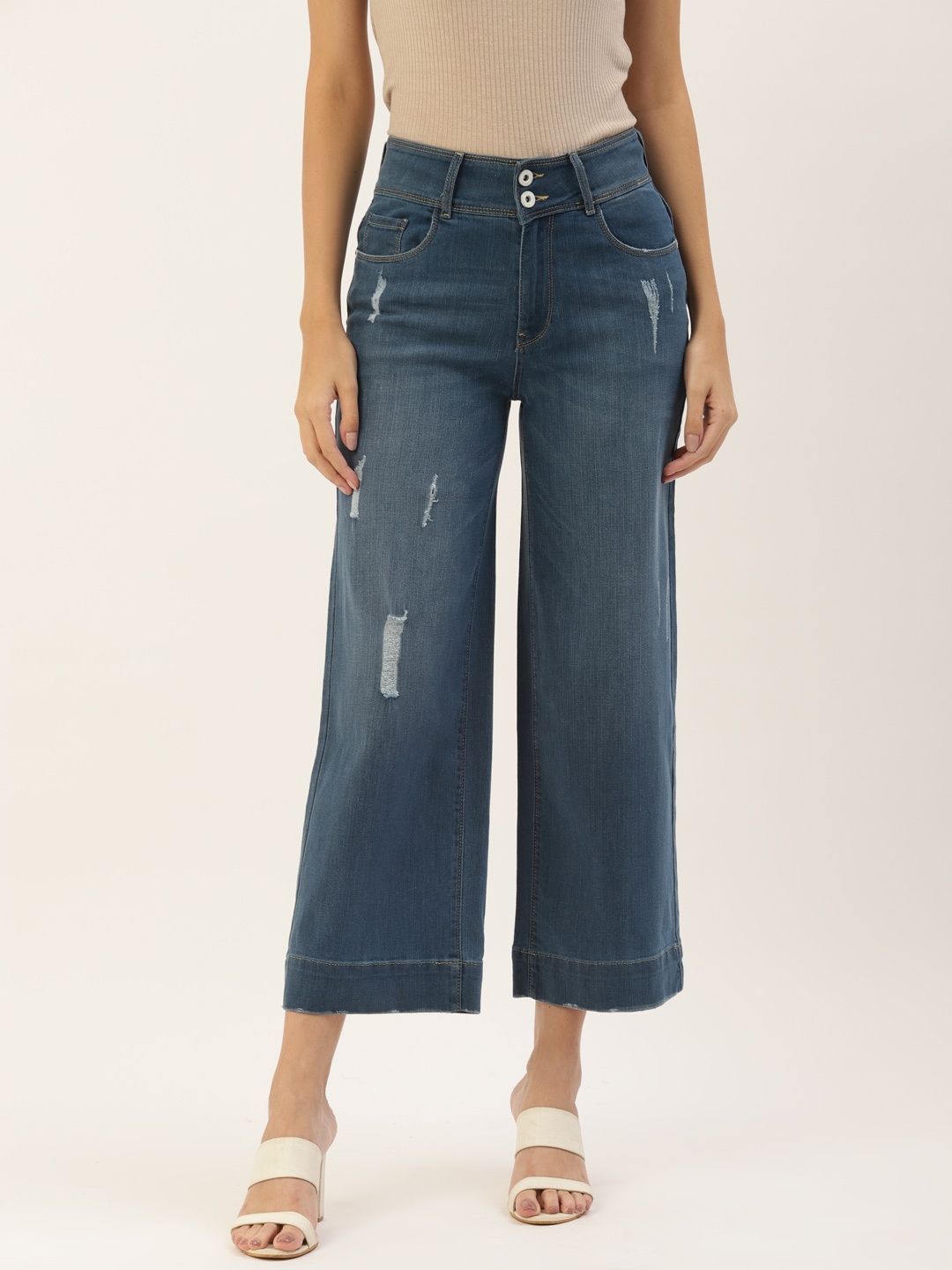 

Monte Carlo Women Blue Wide Leg Low Distress Light Fade Stretchable Jeans