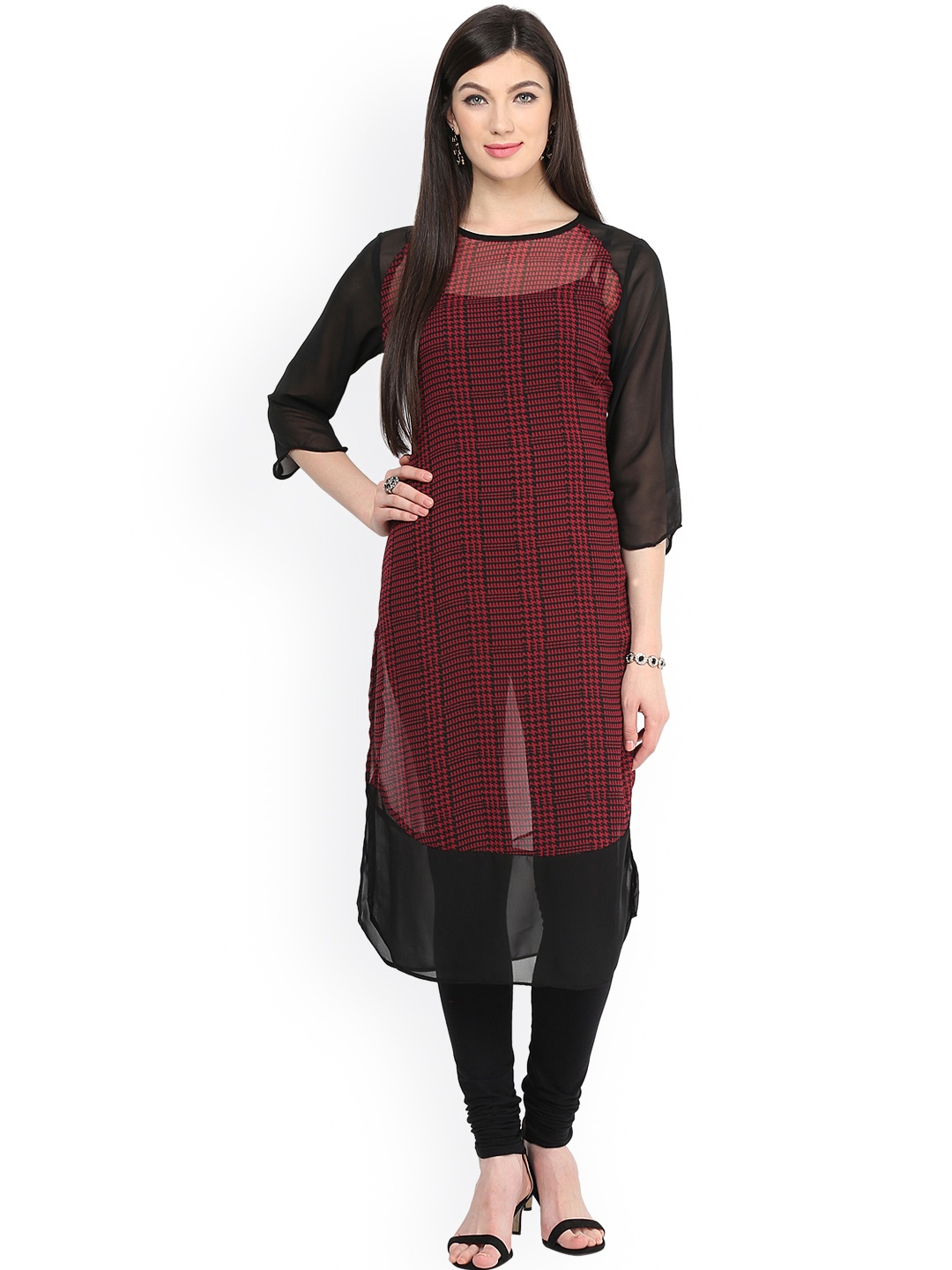 

Pannkh Women Maroon & Black Printed Sheer Straight Kurta