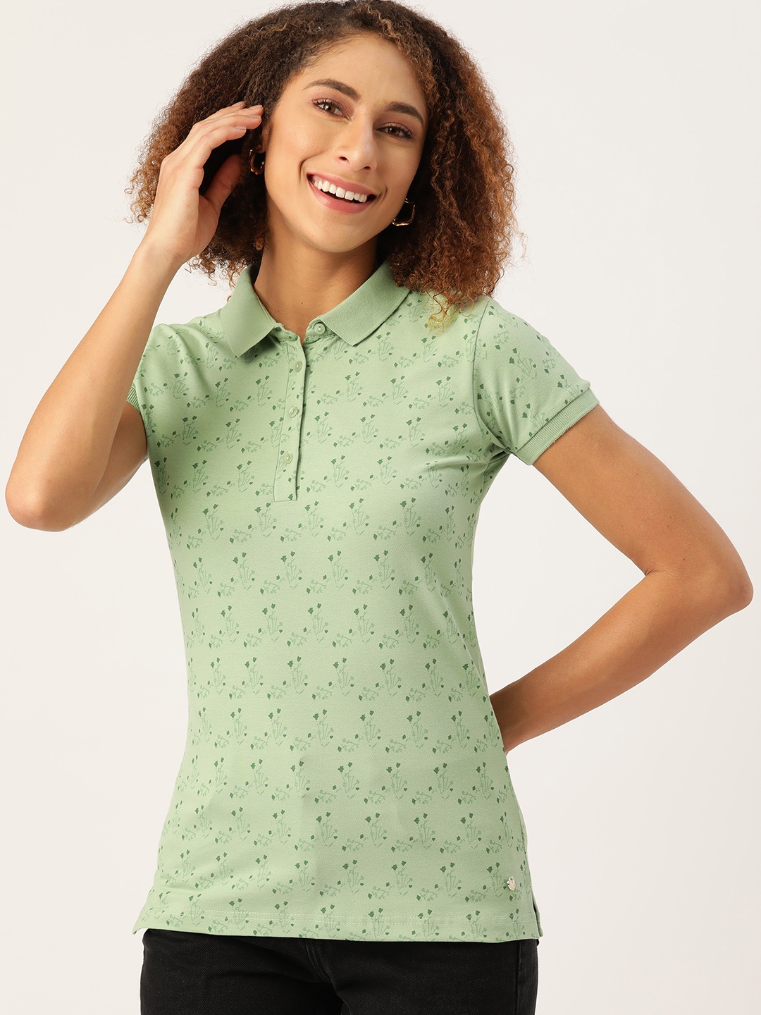 

Monte Carlo Women Green Floral Printed Polo Collar T-shirt
