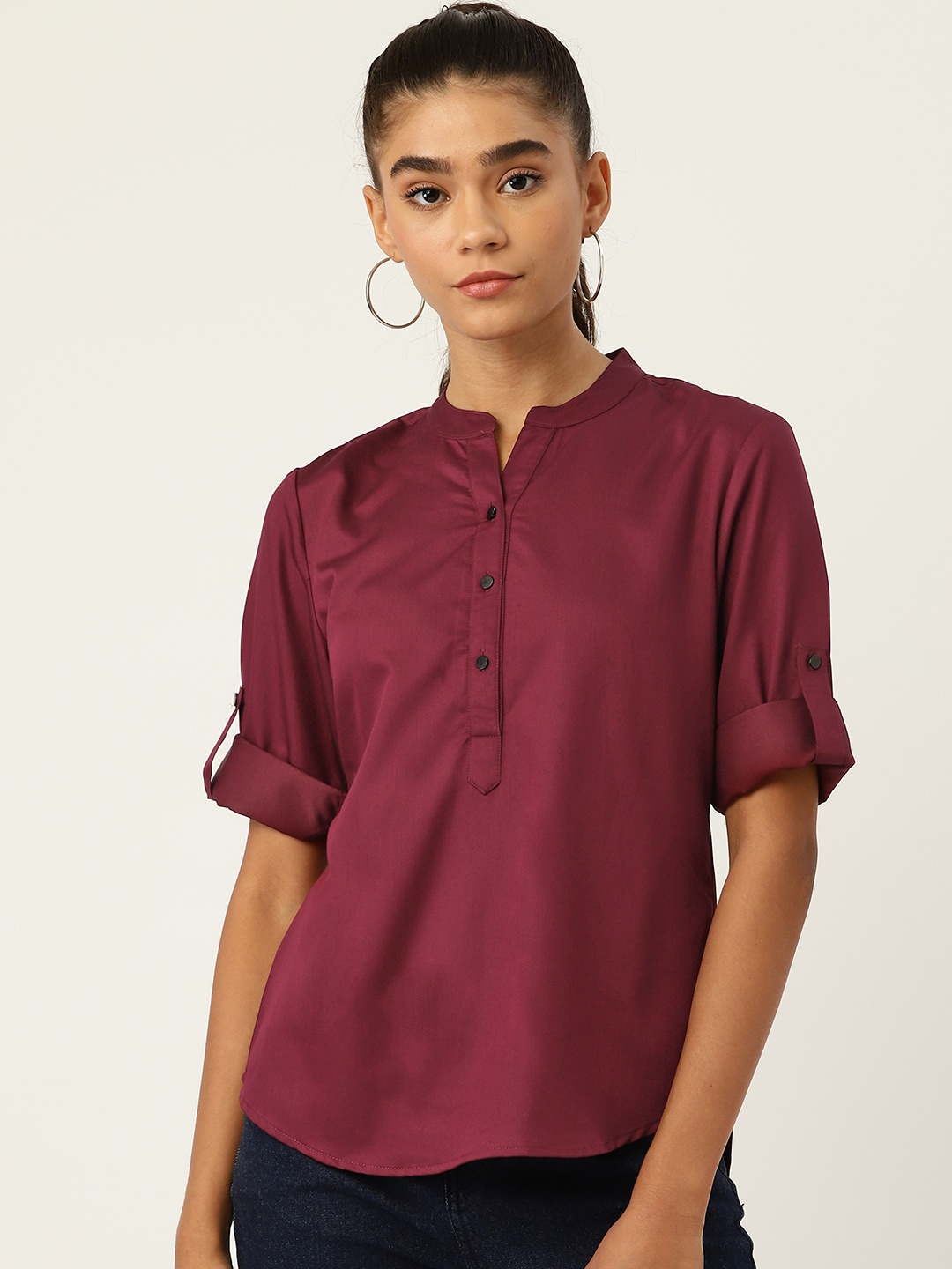 

Monte Carlo Maroon Mandarin Collar Roll-Up Sleeves Top