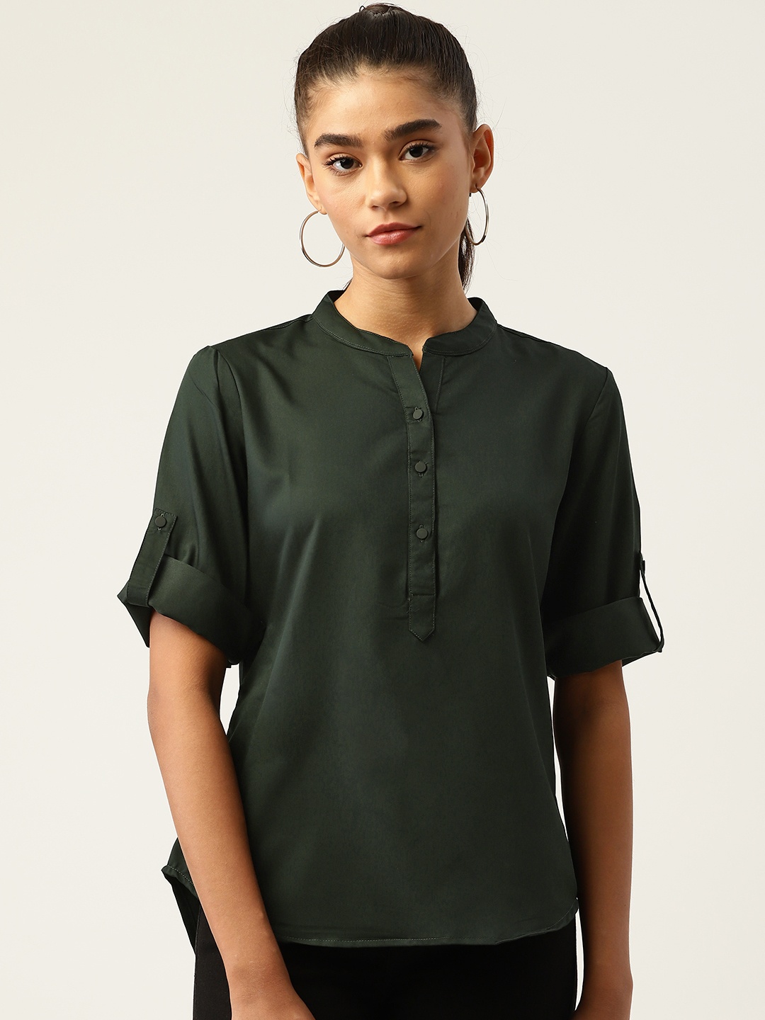 

Monte Carlo Green Mandarin Collar Roll-Up Sleeves Top