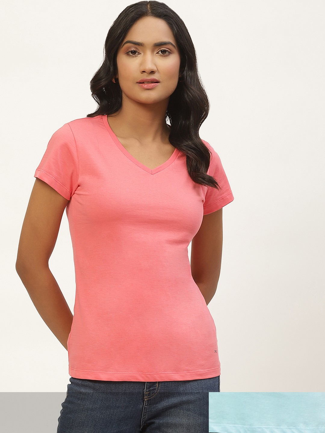 

Monte Carlo Women Pack Of 2 Blue & Peach Solid V-Neck Pure Cotton T-shirt