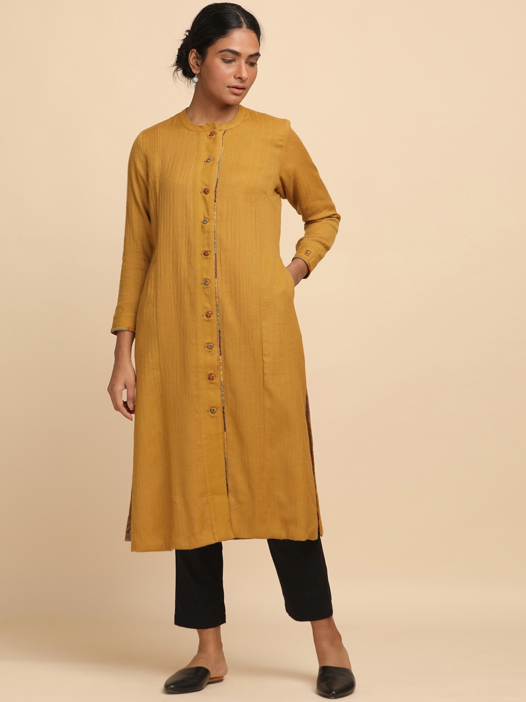 

W The Folksong Collection Women Yellow Longline Open Front Jacket