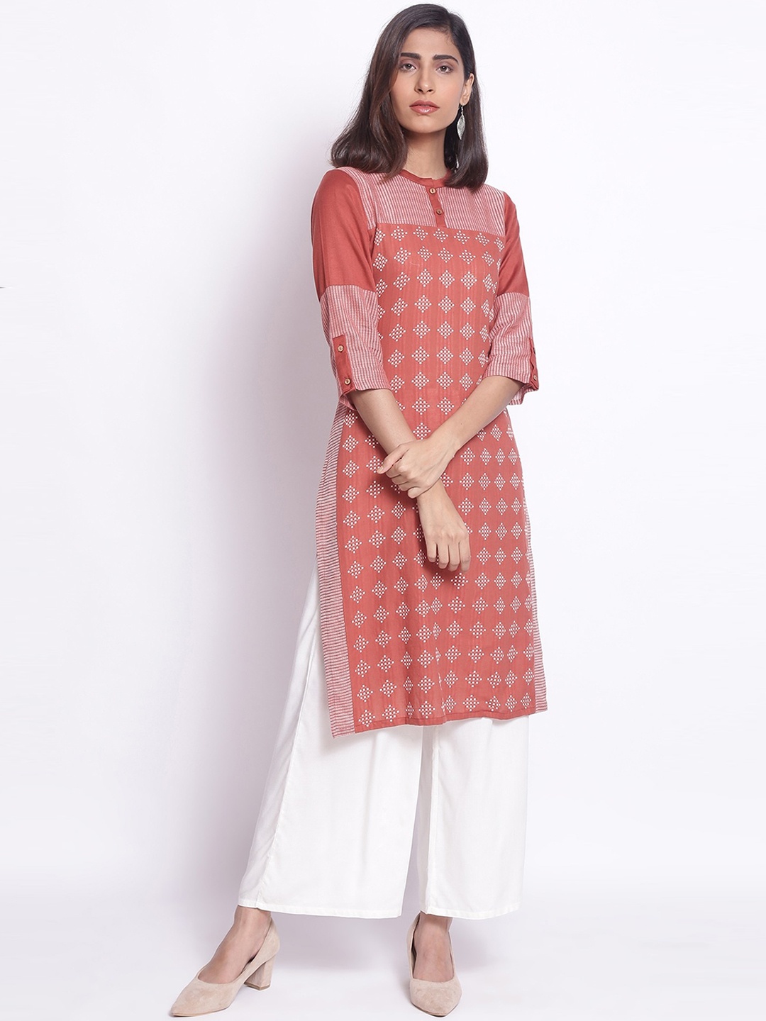 

W Women Straight Cotton Kurta, Orange