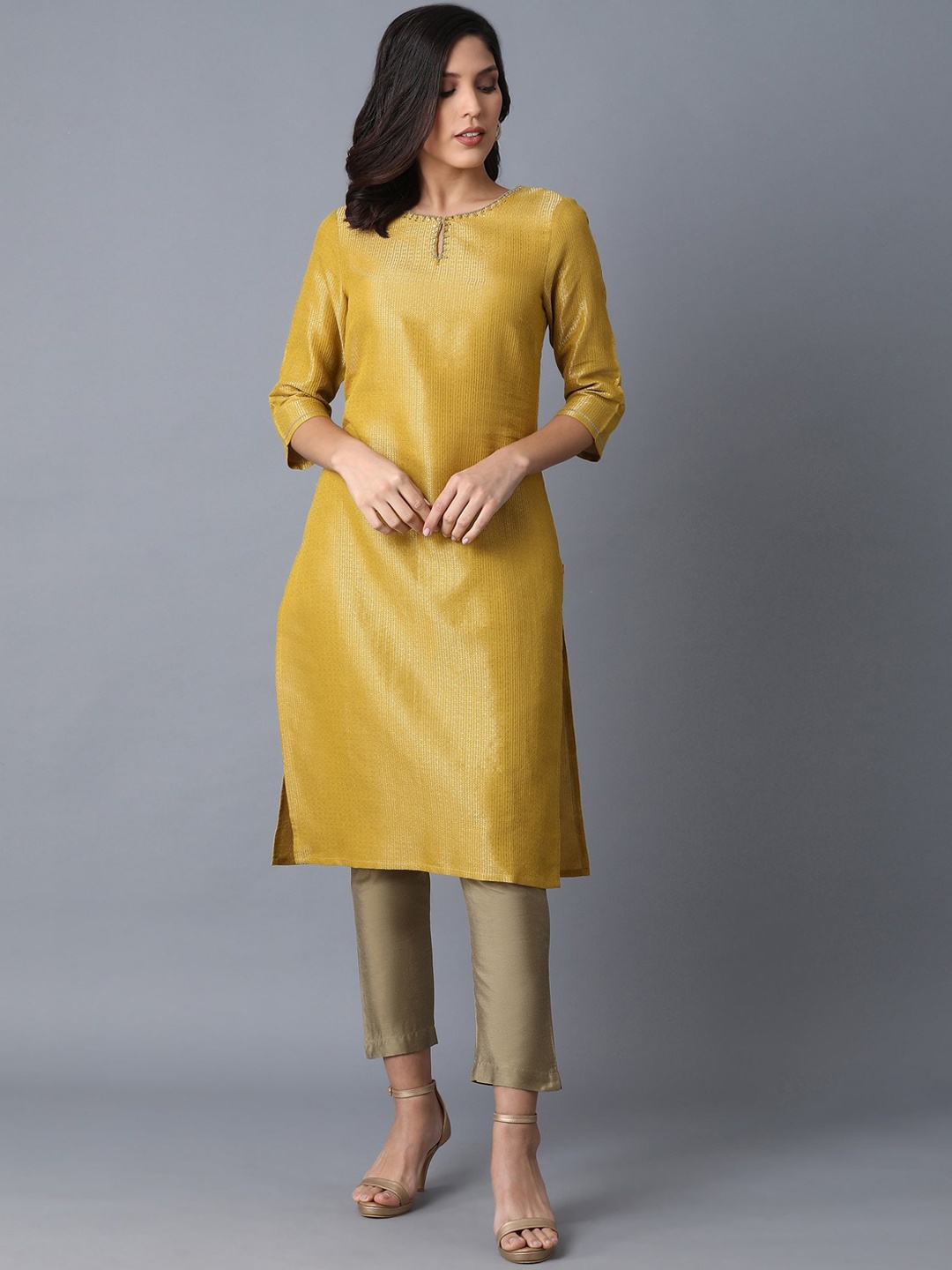 

W Women Yellow Geometric Keyhole Neck Thread Work Embellished Kurta