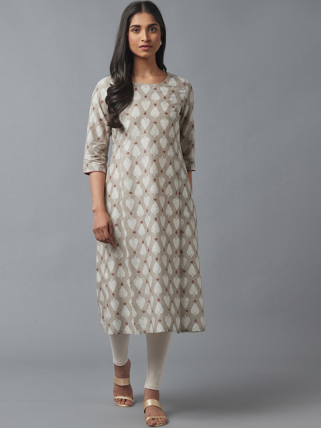 

W Women Taupe & white Printed Ethnic Motifs Kurta