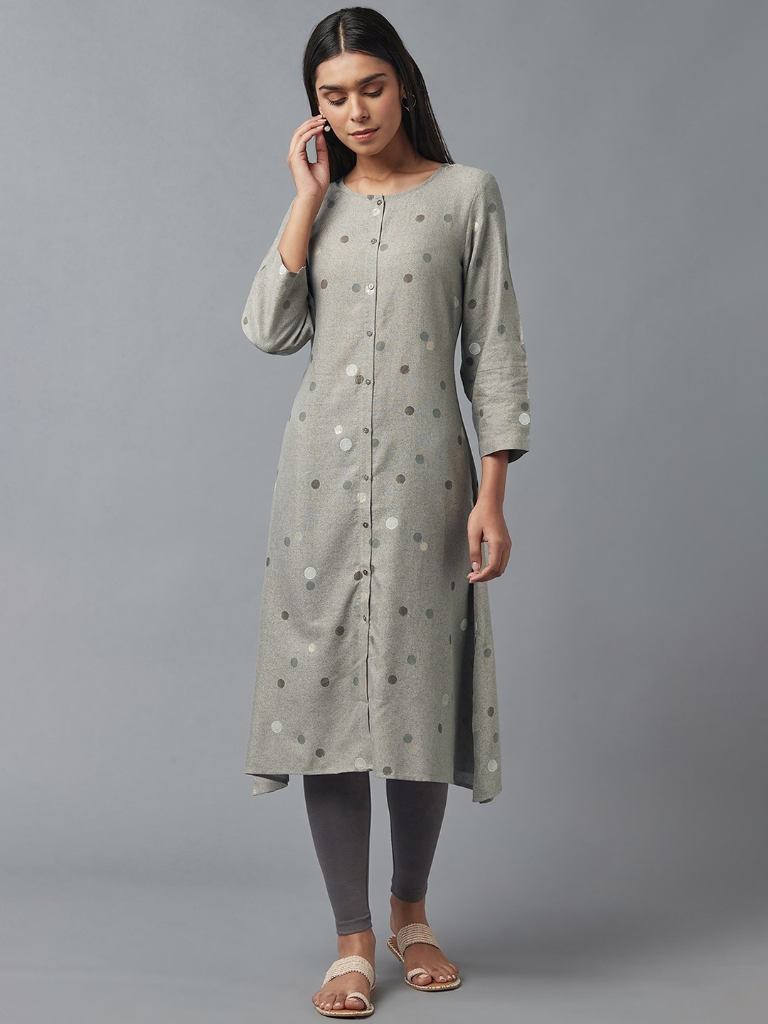 

W Women Grey Geometric Printed Thread Work Kurta