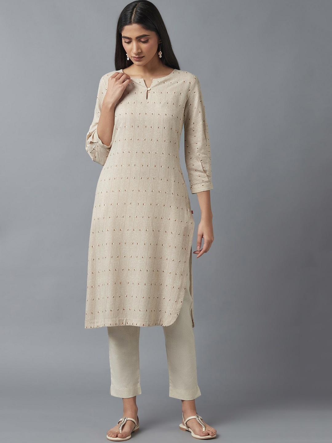 

W Beige & Brown Striped Rayon Kurta