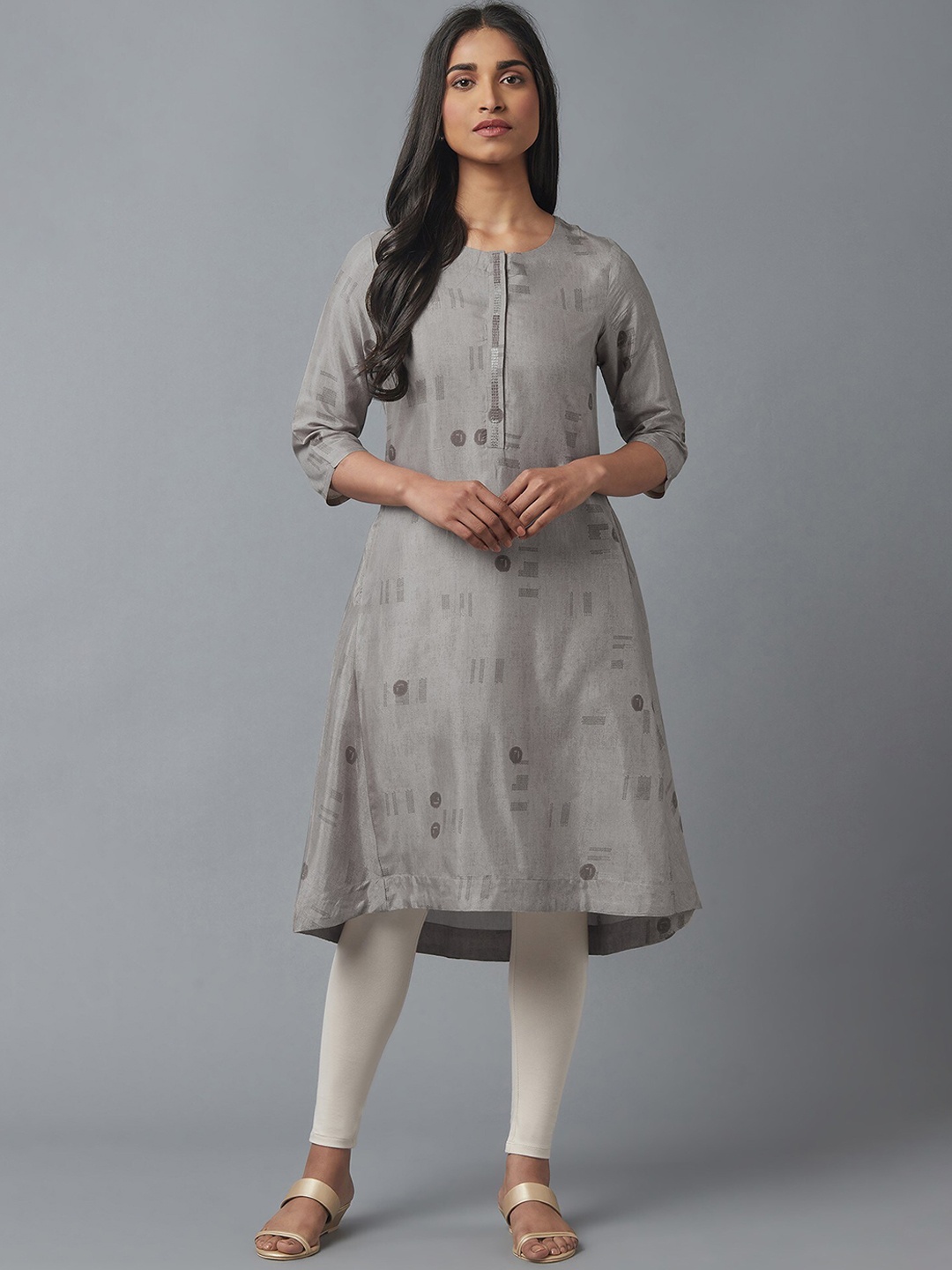 

W Women Grey Geometric Printed Keyhole Neck Regular Sleeves Thread Work Kurta