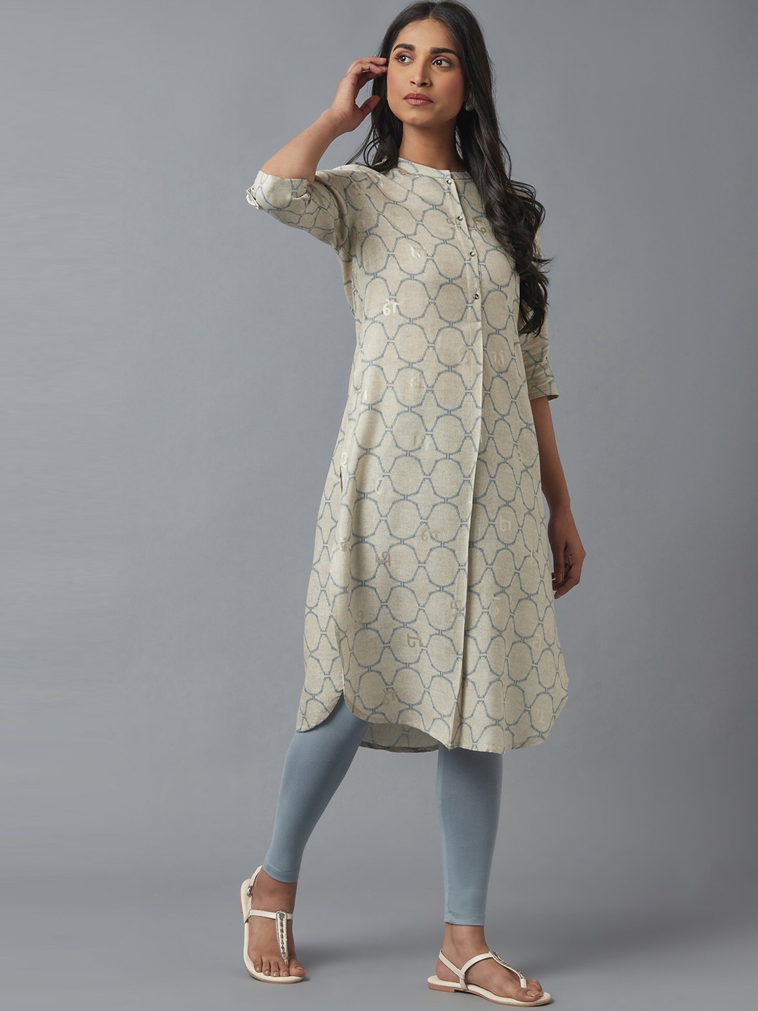 

W Women Grey & Blue Geometric Printed Kurta