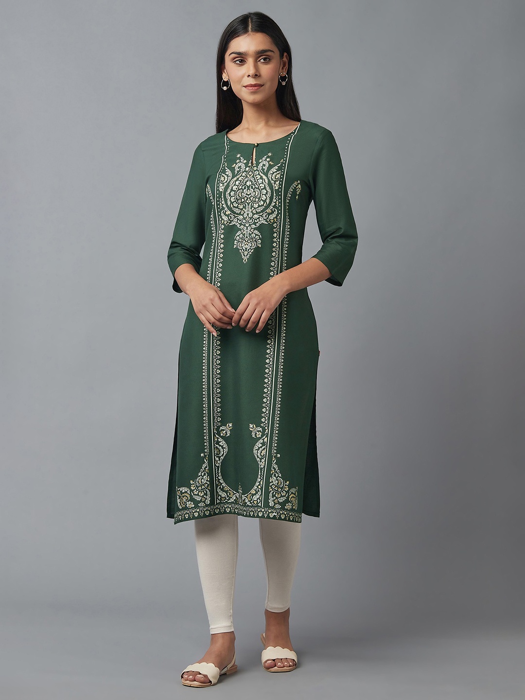 

W Women Green Ethnic Motifs Printed Kurta