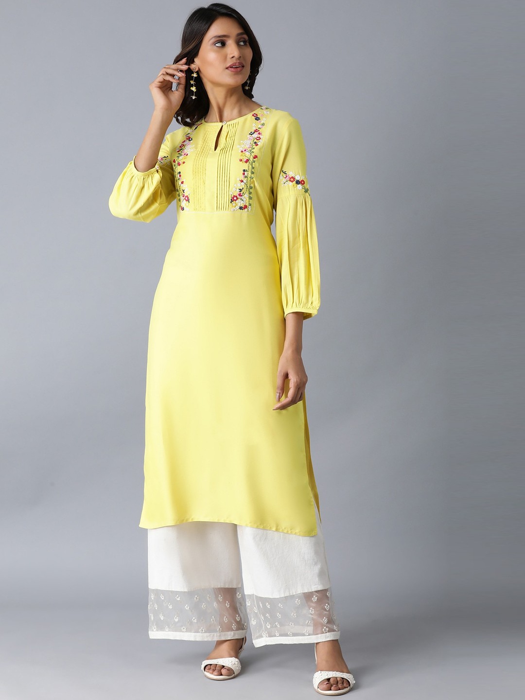 

W Women Yellow Floral Embroidered Keyhole Neck Thread Work Kurta