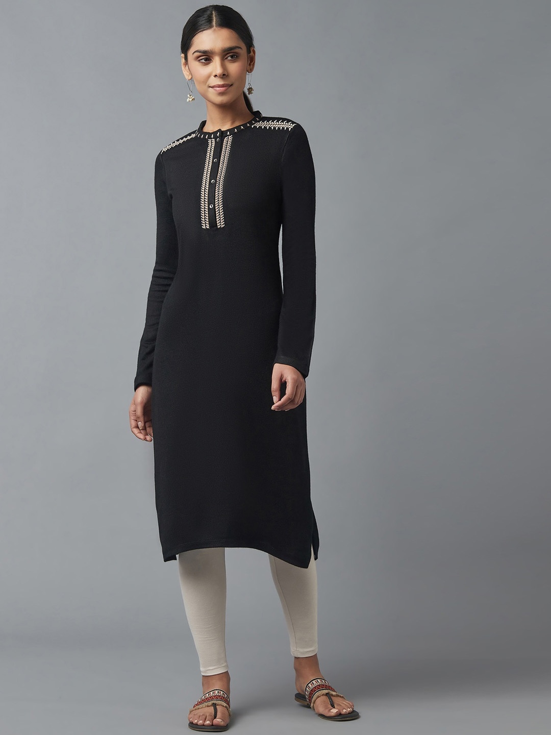 

W Women Acrylic Black & Beige Embroidered Thread Work Kurta