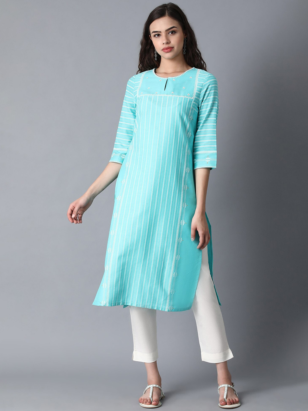 

W Women Green & White Striped Thread Work Kurta