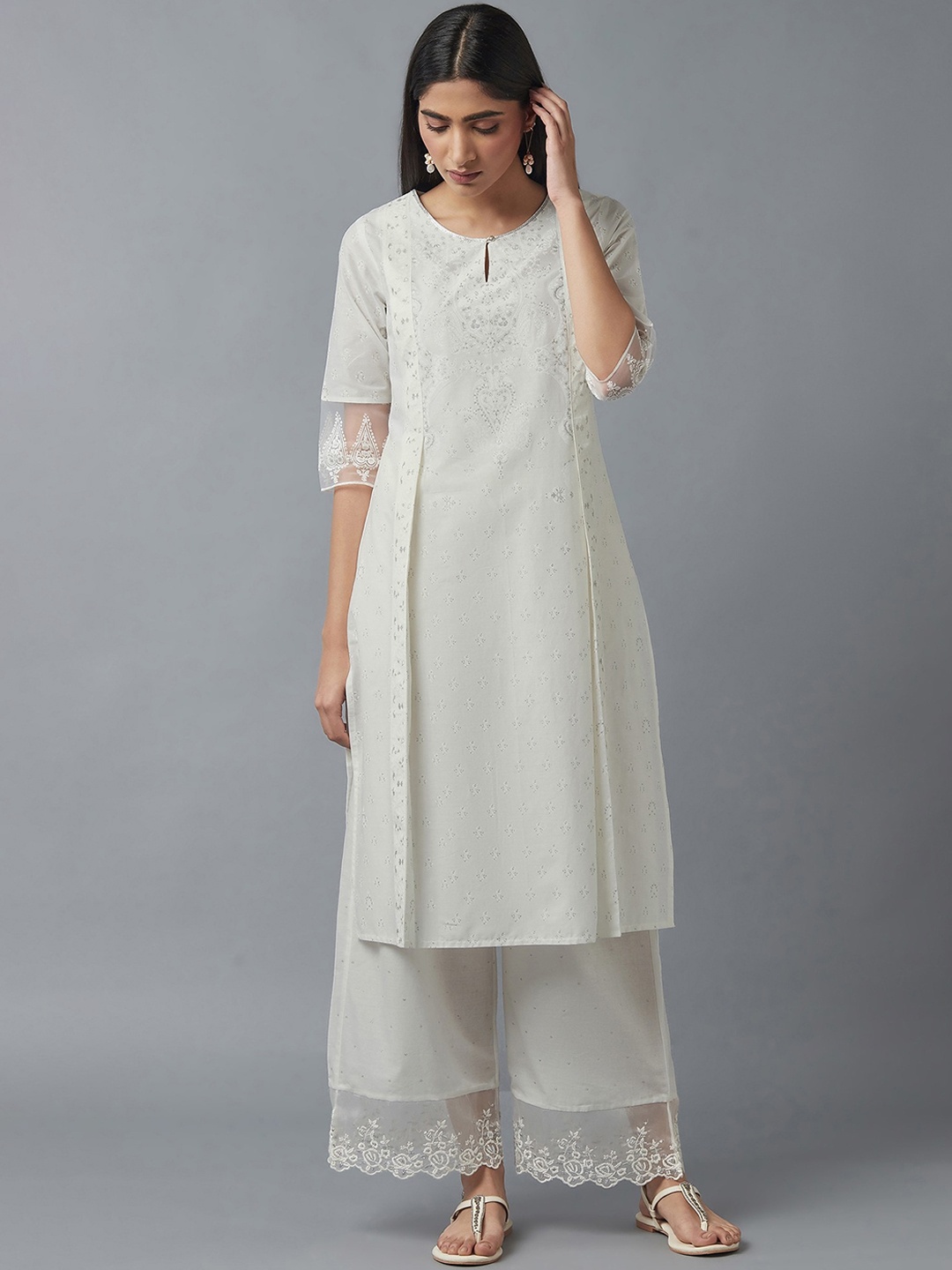 

W Women White & Grey Ethnic Motifs Thread Work Kurta