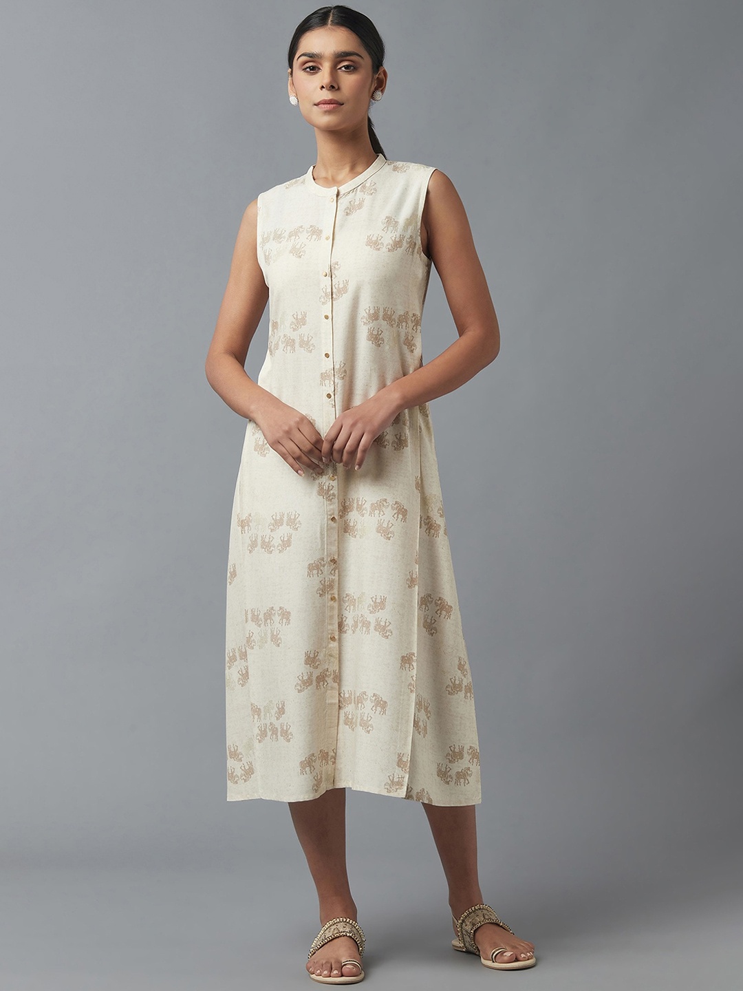 

W Beige Ethnic Motifs Print A-Line Midi Dress