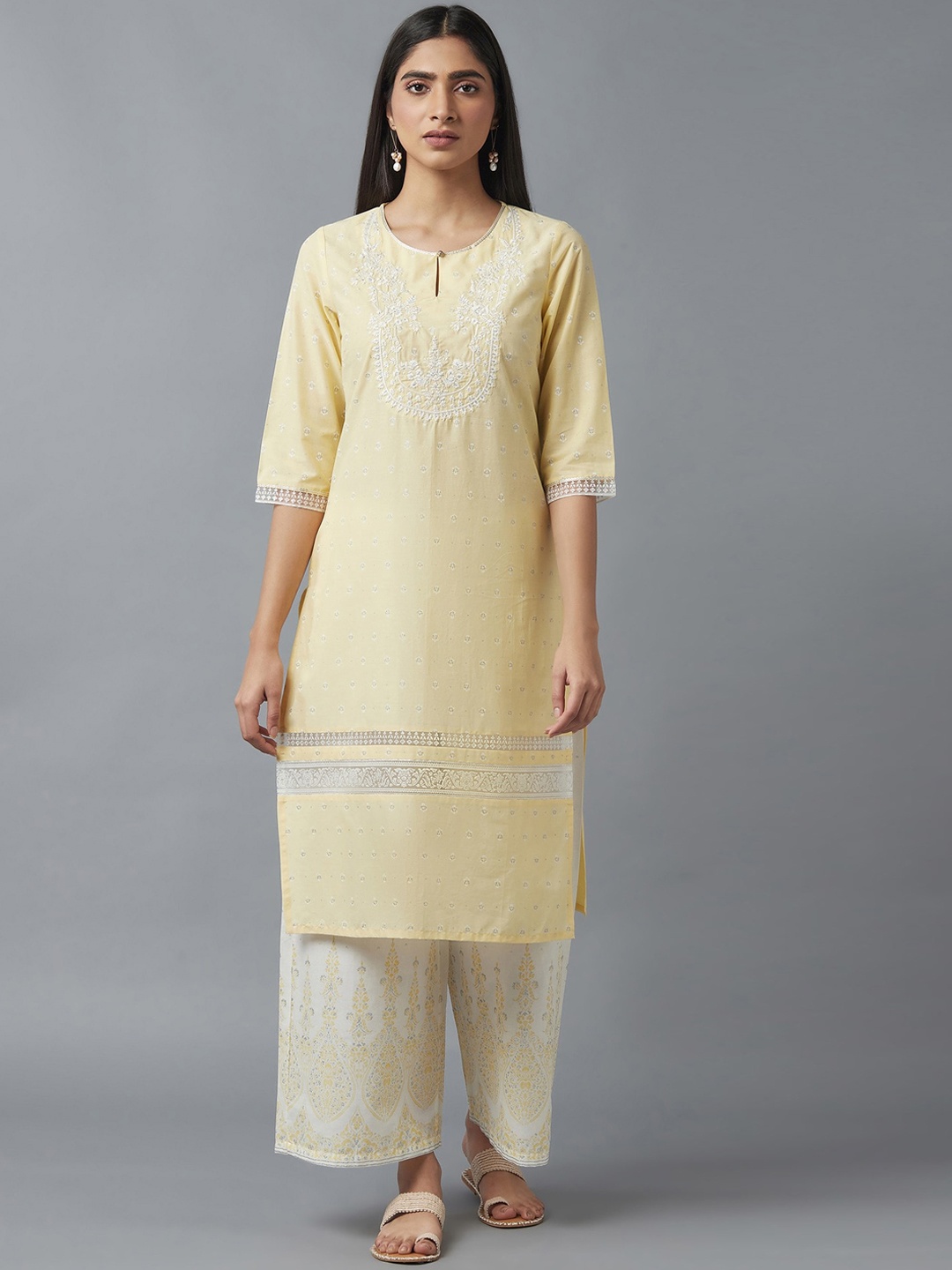 

W Women Straight Cotton Kurta, Yellow