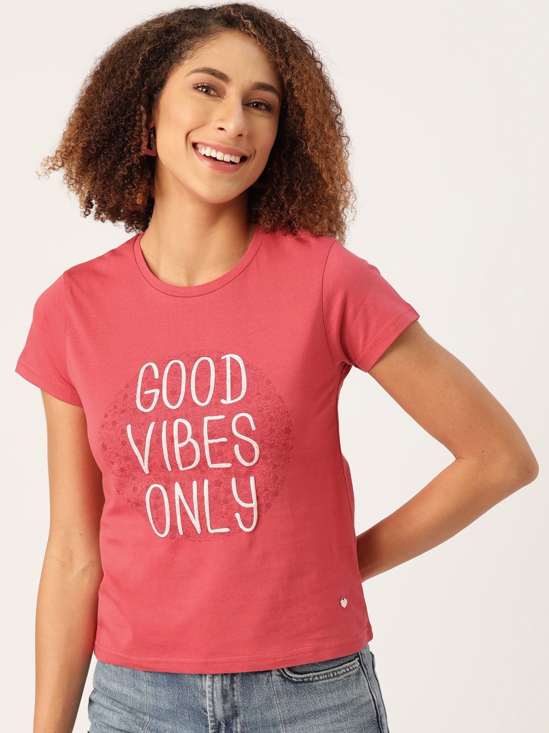 

Monte Carlo Women Red & White Pure Cotton Printed T-shirt with Embossment Detail