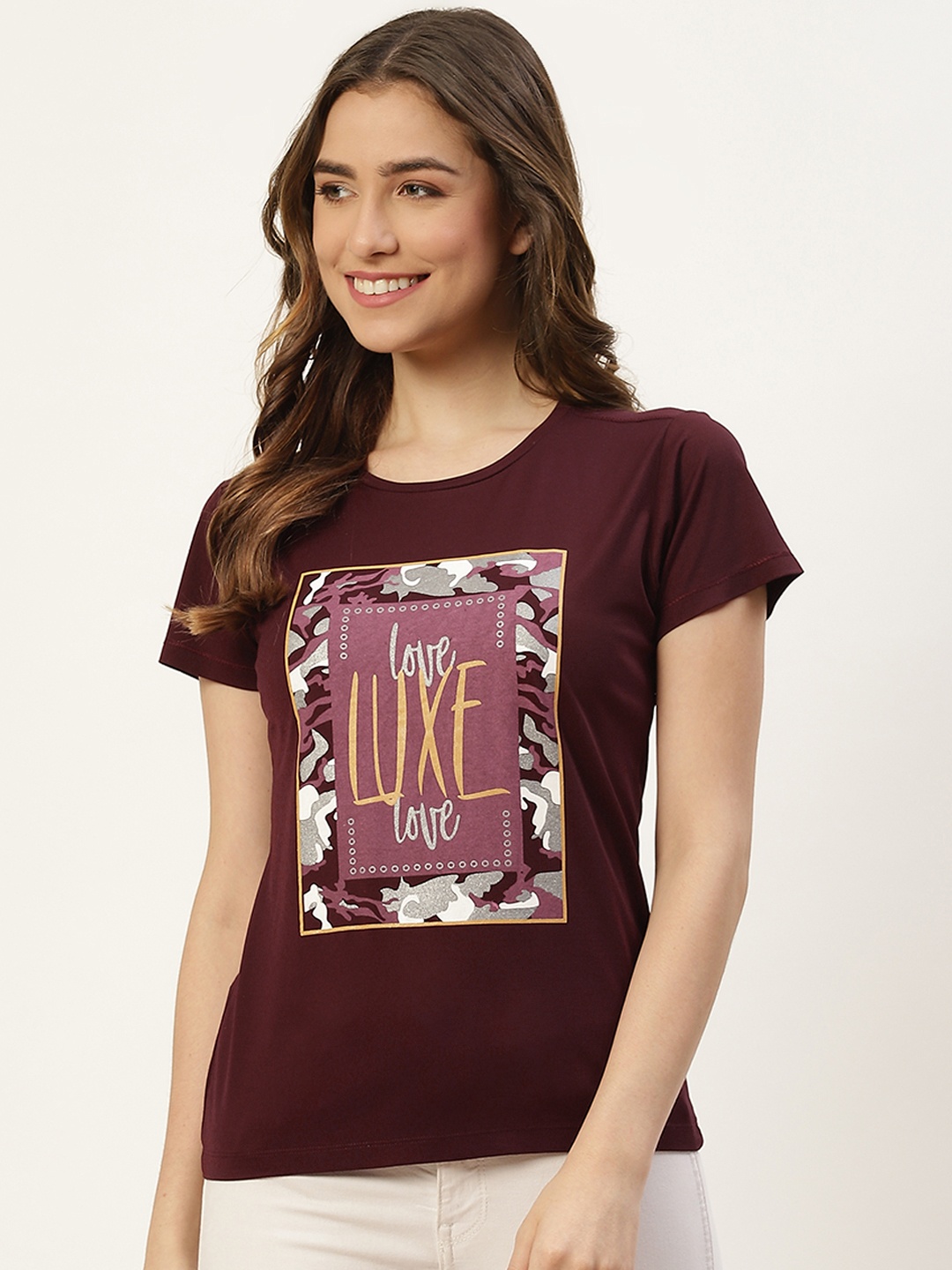Monte Carlo Women Maroon Typography Printed T-shirt