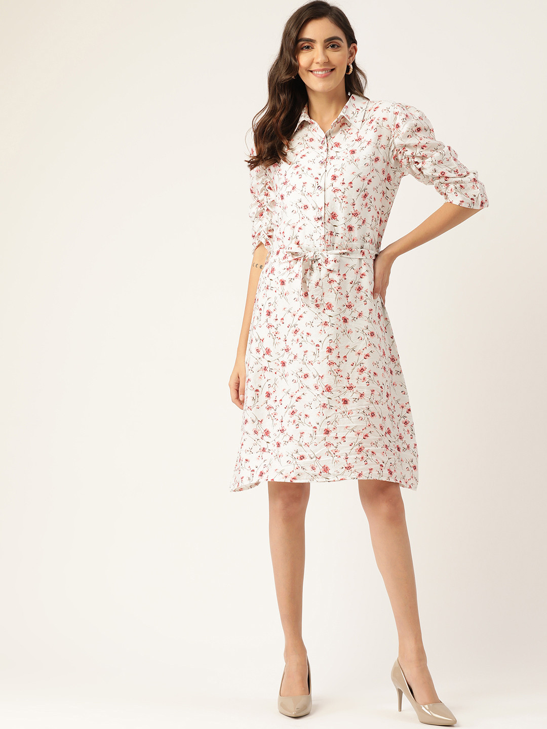 

Monte Carlo Women White & Pink Floral Printed A-Line Dress Comes With a Belt