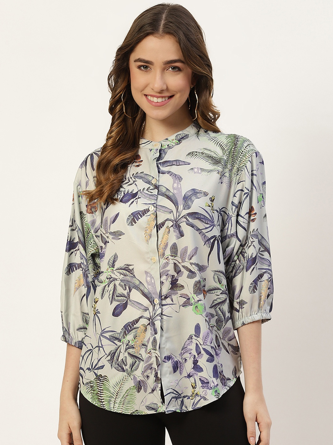 

Monte Carlo Green & Purple Floral Print Band Collar Shirt Style Top
