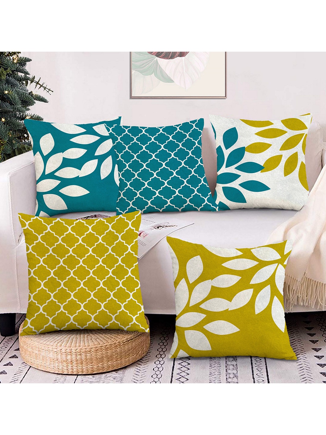 

AEROHAVEN Green & Yellow Set of 5 Floral Printed Velvet Square Cushion Covers