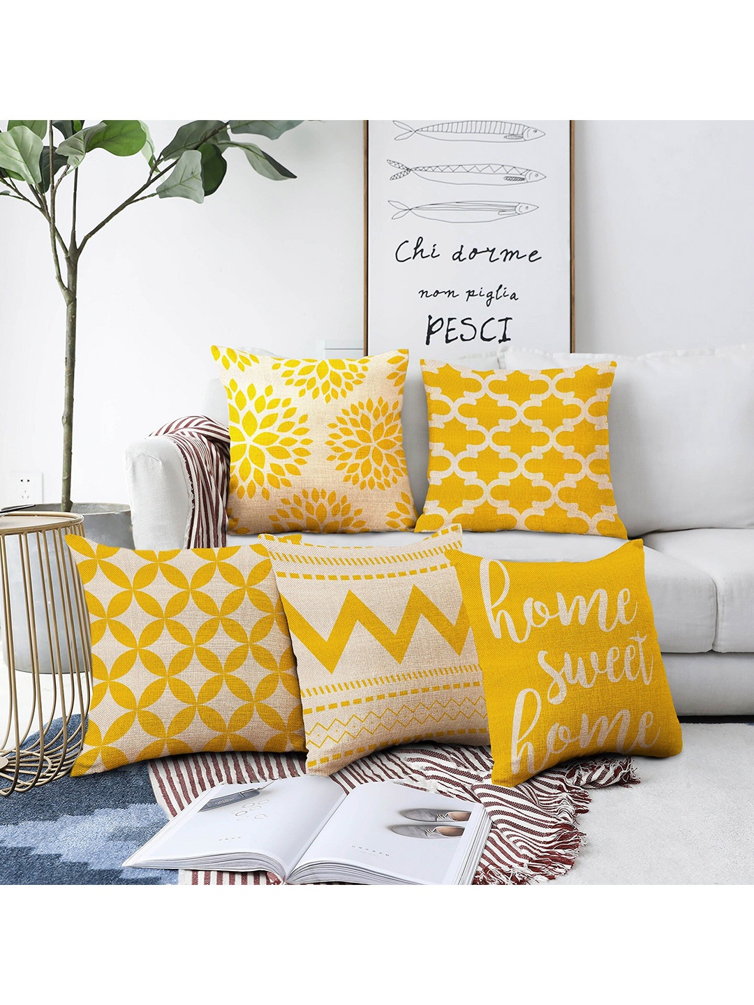 

AEROHAVEN Beige & Mustard Set of 5 Digital Printed Geometric Square Cushion Covers