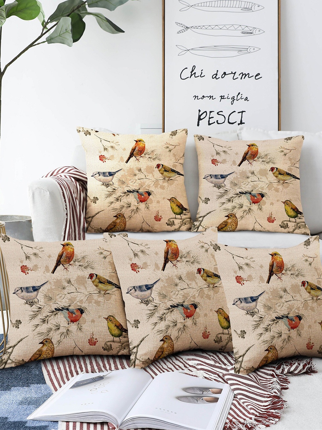 

AEROHAVEN Beige & Green Set of 5 Quirky Square Cushion Covers