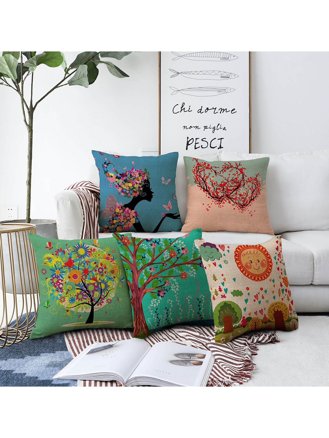 

AEROHAVEN Blue & Green Set of 5 Floral Printed Square Cushion Covers
