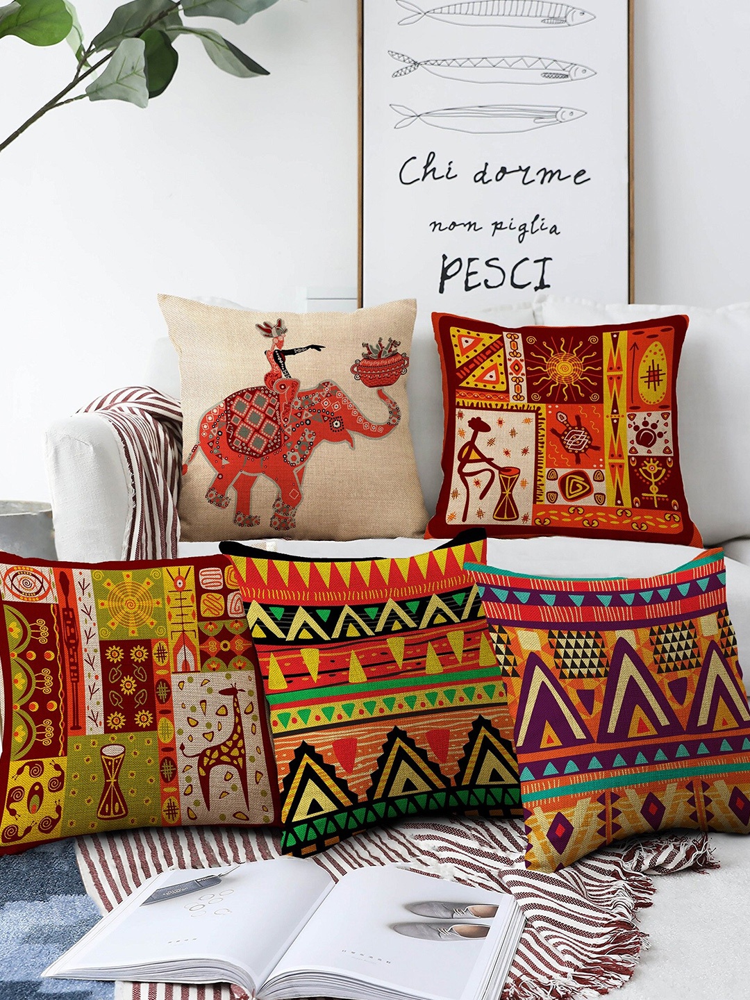 

AEROHAVEN Red & Beige Set of 5 Ethnic Motifs Square Jute Cushion Covers