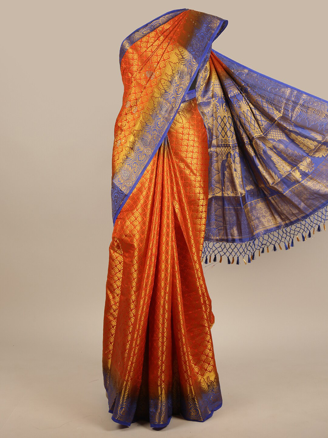 

Pothys Orange & Blue Woven Design Zari Jute Silk Saree