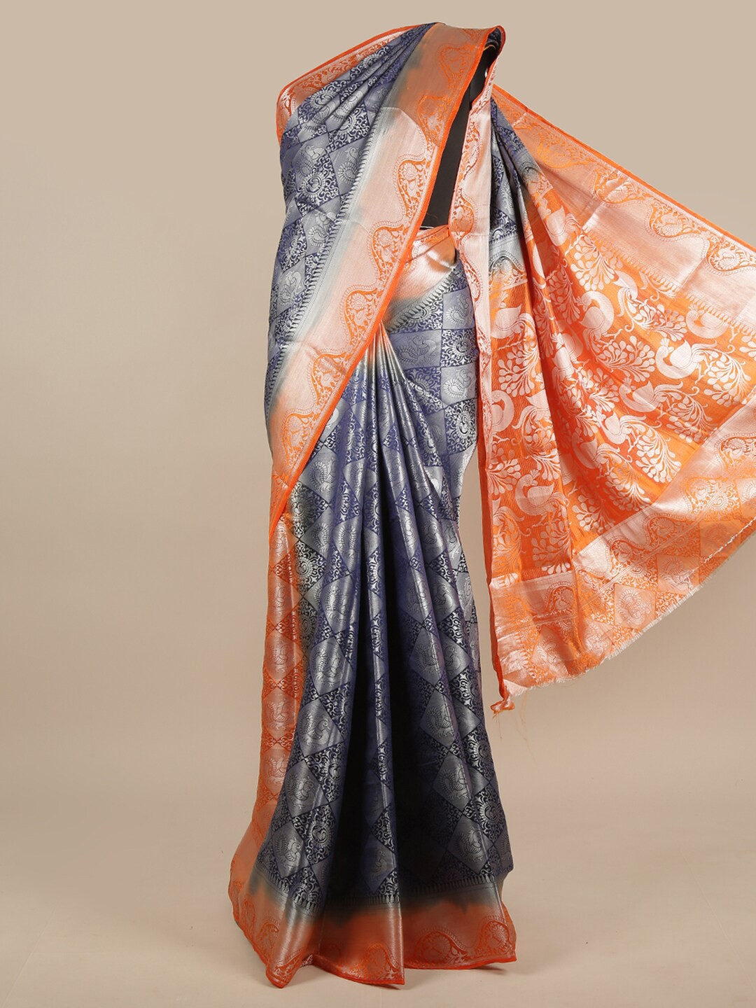 

Pothys Blue & Orange Ethnic Motifs Zari Jute Silk Saree