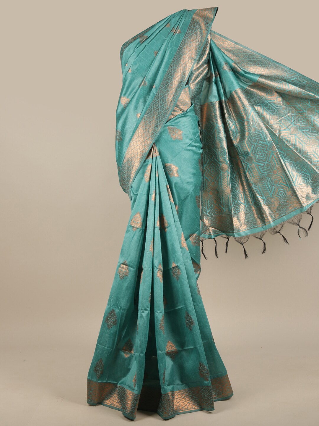 

Pothys Blue & Gold-Toned Woven Design Zari Jute Silk Saree