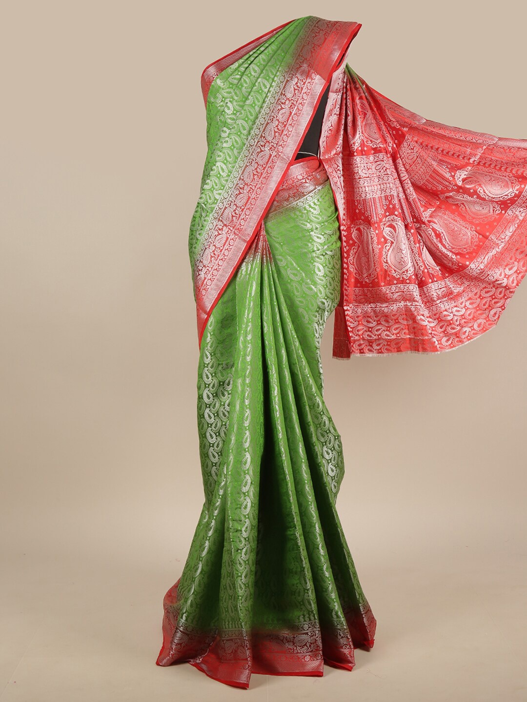 

Pothys Green & Red Ethnic Motifs Zari Jute Silk Saree