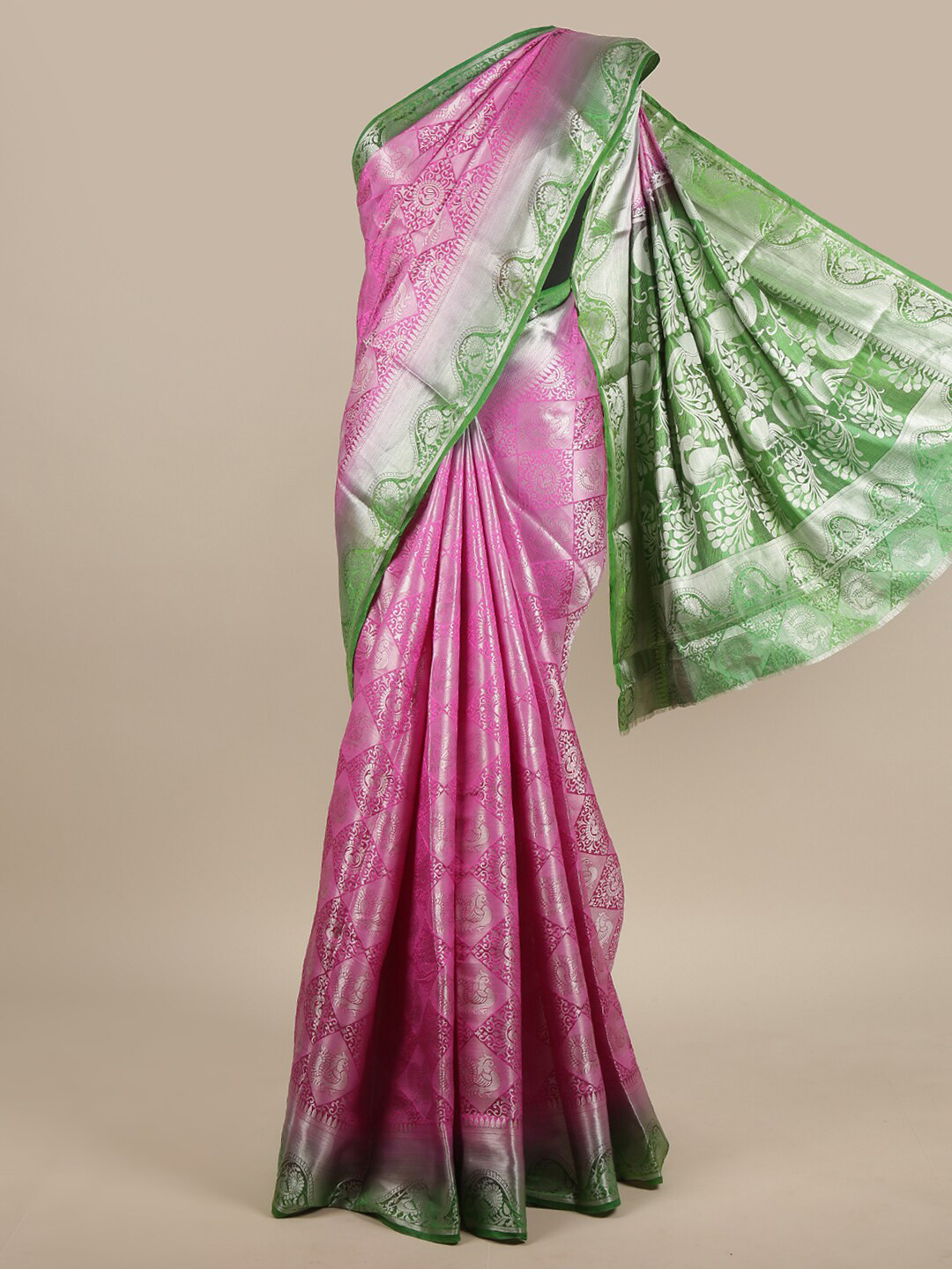 

Pothys Pink & Green Ethnic Motifs Woven Design Jute Silk Saree