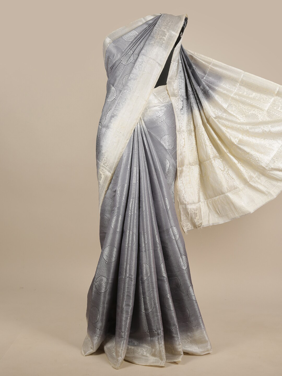 

Pothys Grey, Off White & Silver-Toned Ethnic Motifs Zari Jute Silk Saree