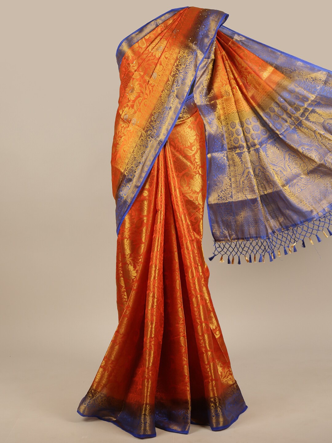 

Pothys Orange, Navy Blue & Gold-Toned Ethnic Motifs Stones Zari Jute Silk Saree