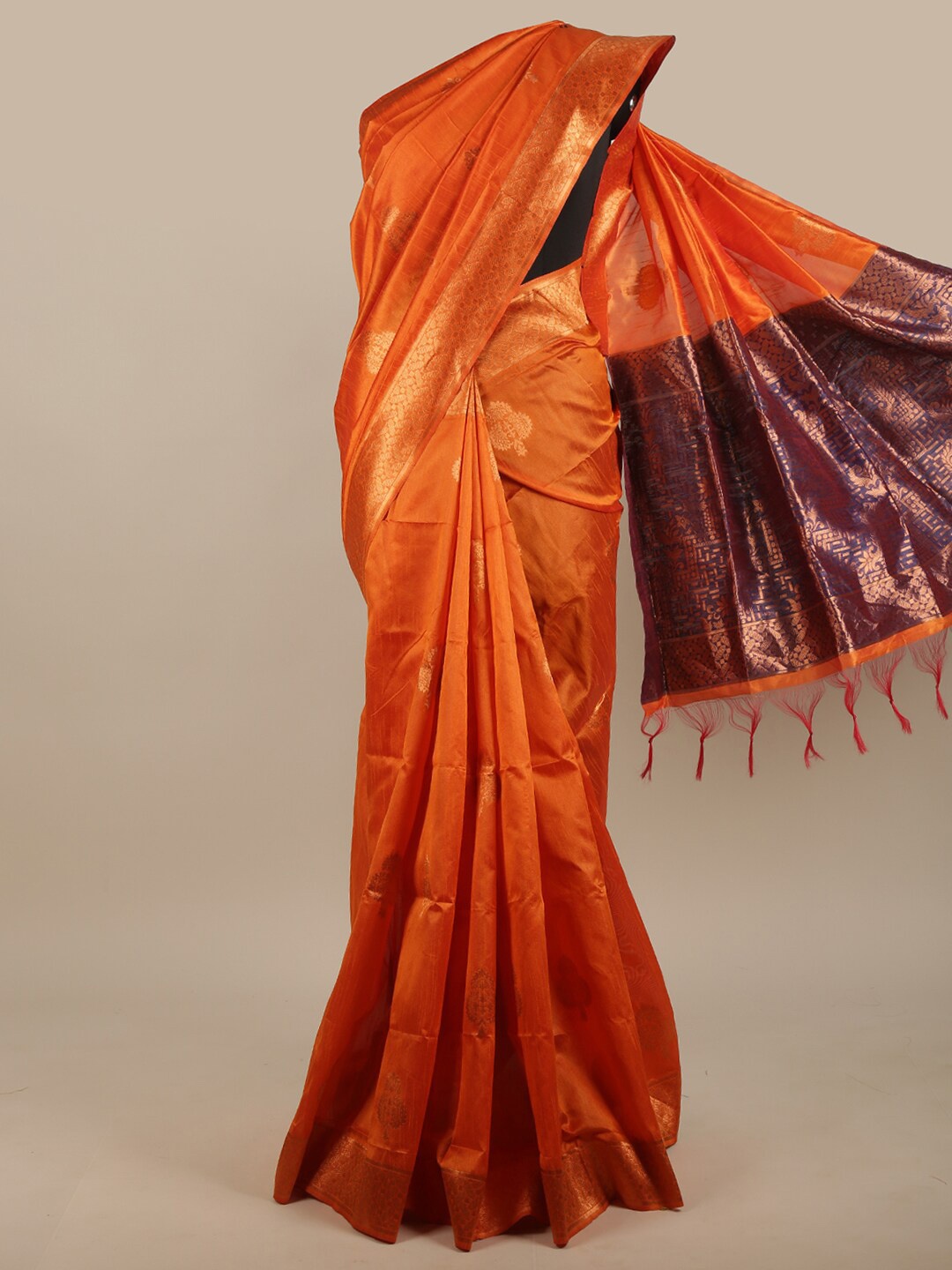 

Pothys Orange & Purple Gold-Toned Woven Design Jute Silk Saree