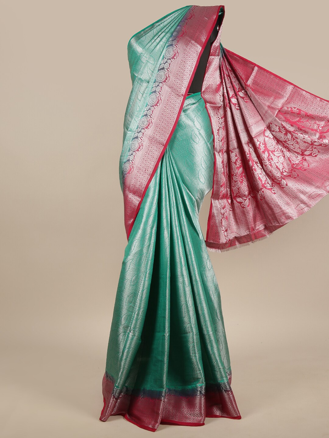 

Pothys Green & Pink Woven Design Zari Jute Silk Saree