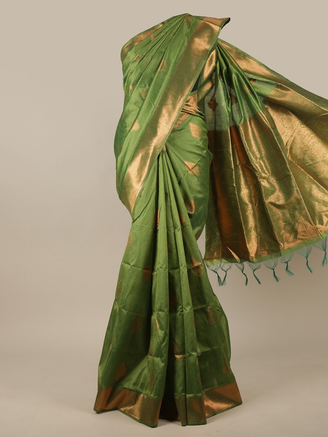 

Pothys Green & Gold-Toned Ethnic Motifs Zari Jute Silk Saree