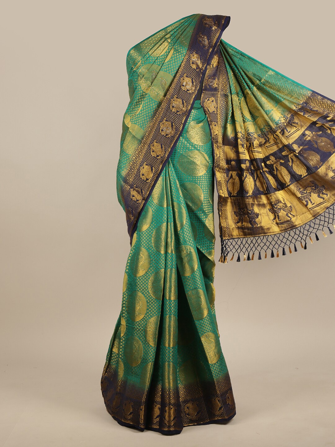 

Pothys Green & Gold-Toned Woven Design Zari Jute Silk Saree