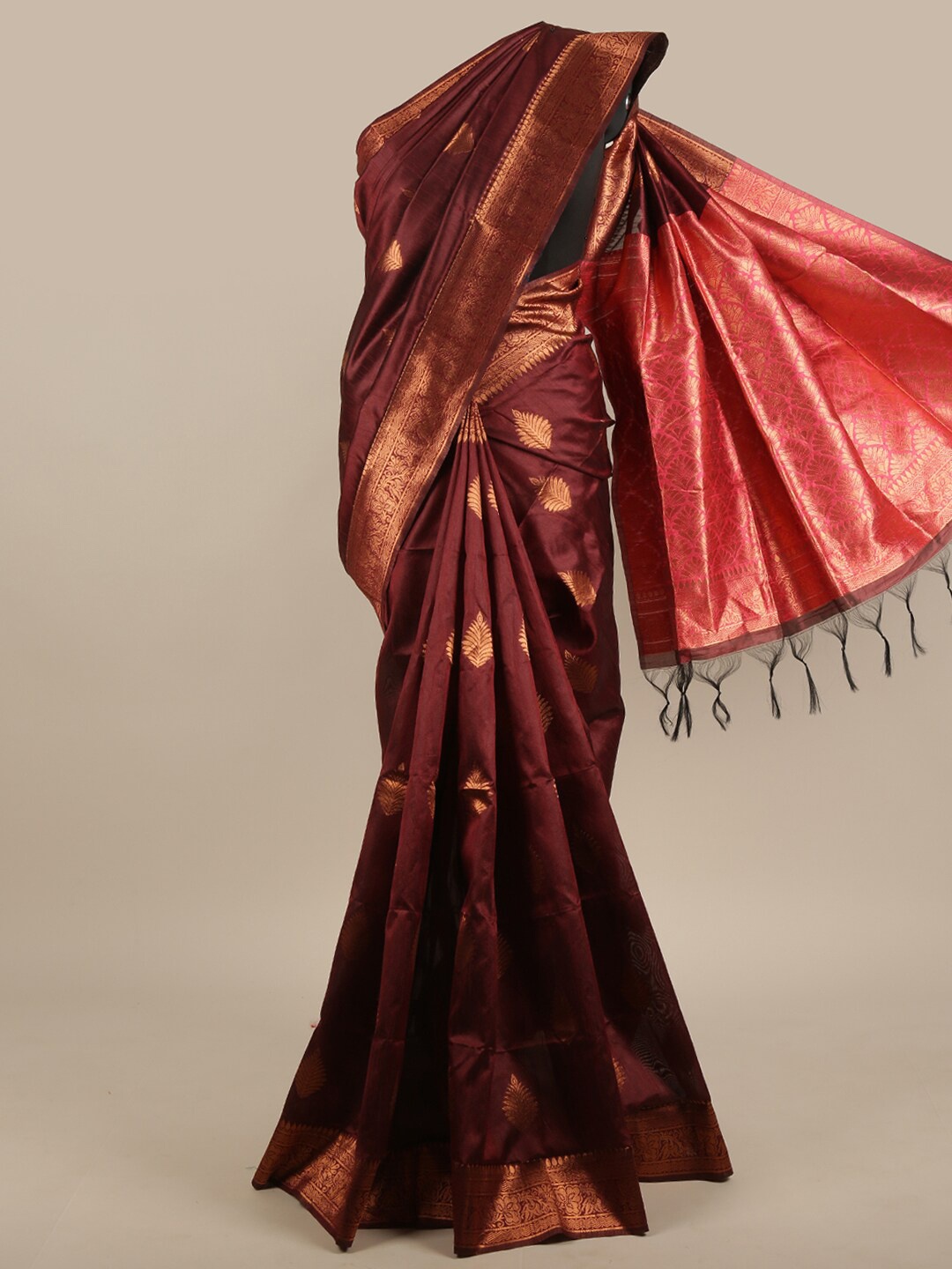 

Pothys Maroon & Gold-Toned Woven Design Jute Silk Saree