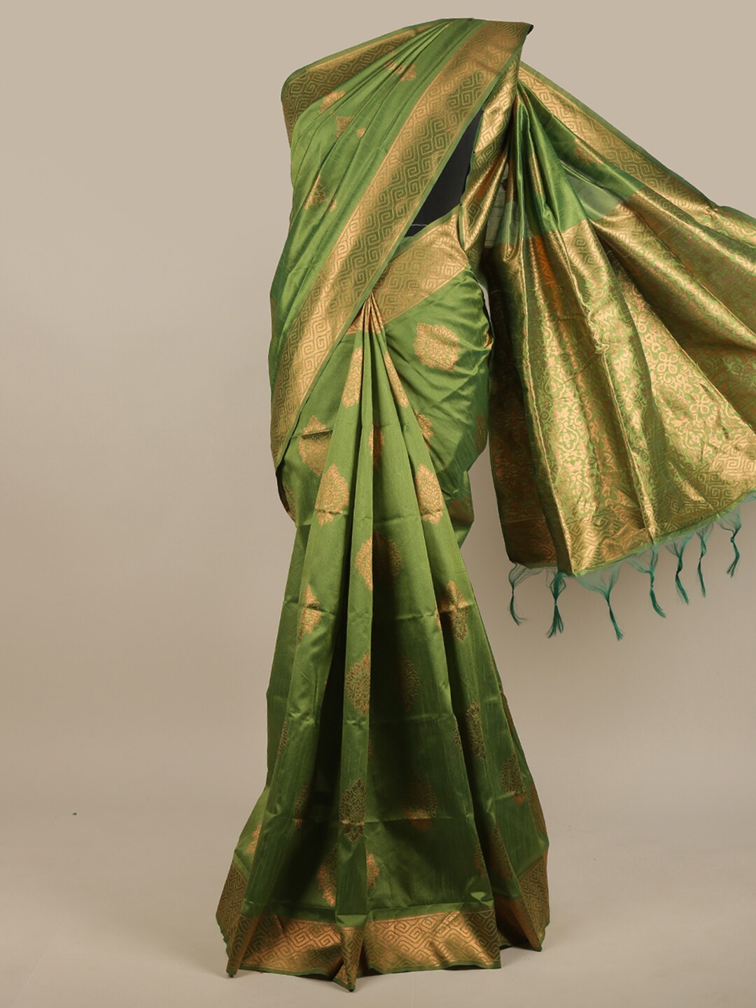 

Pothys Green & Gold-Toned Ethnic Motifs Zari Jute Silk Saree