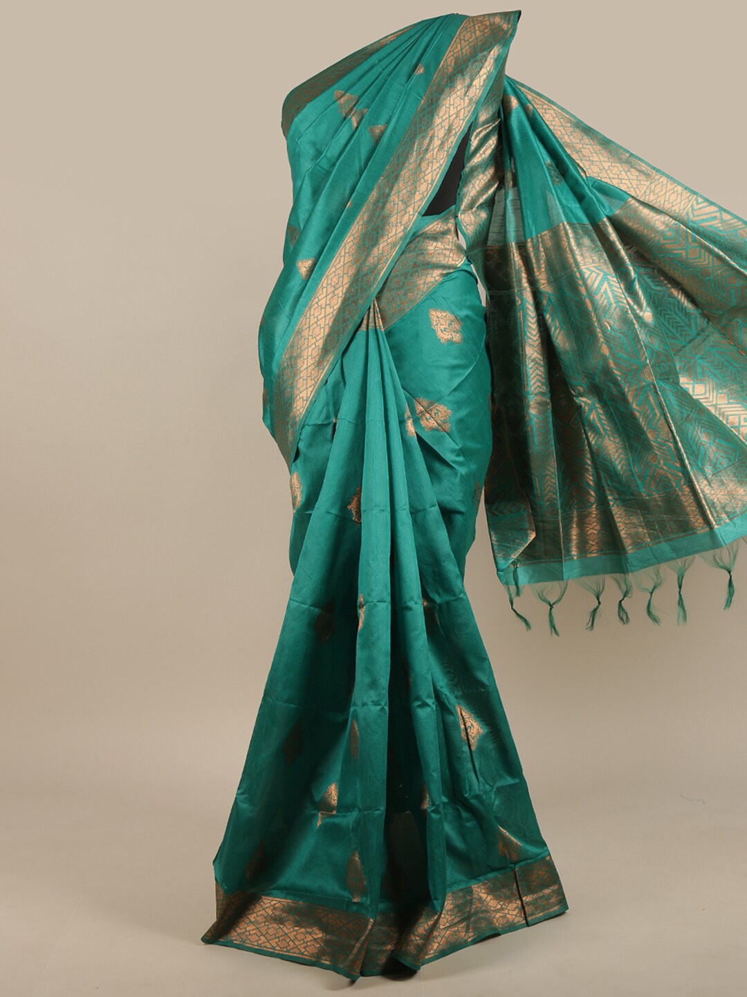 

Pothys Green & Gold-Toned Ethnic Motifs Zari Jute Silk Saree