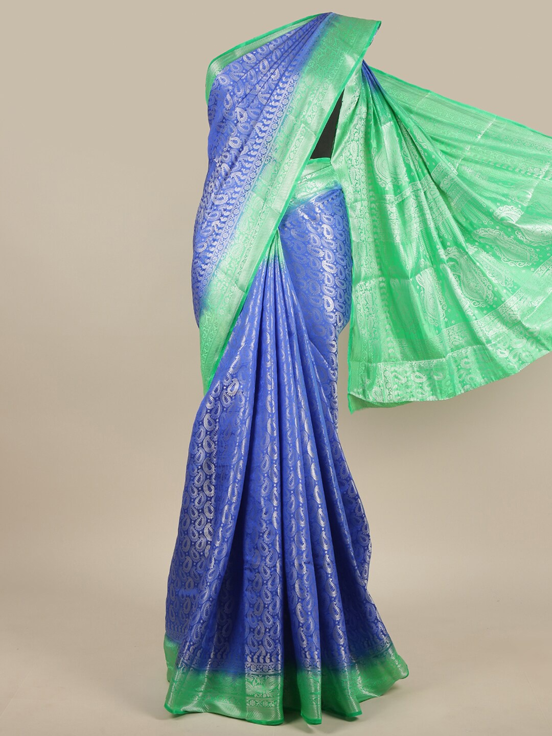 

Pothys Blue & Green Paisley Zari Jute Silk Saree