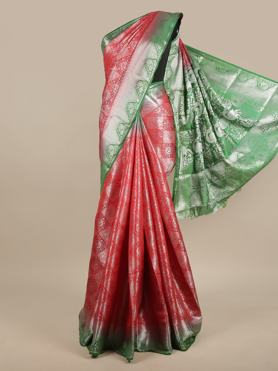 

Pothys Red & Green Ethnic Motifs Zari Jute Silk Saree