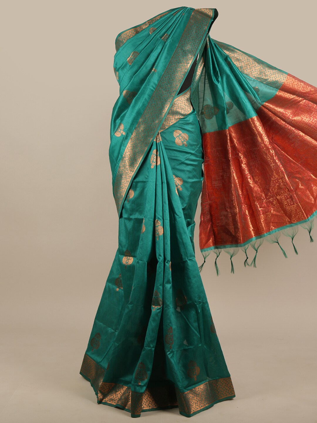 

Pothys Green & Red Ethnic Motifs Zari Jute Silk Saree