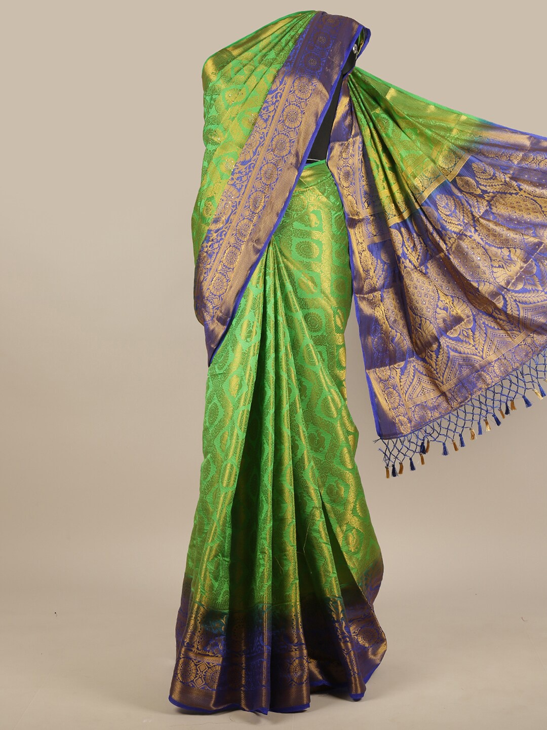 

Pothys Green & Blue Ethnic Motifs Zari Jute Silk Saree