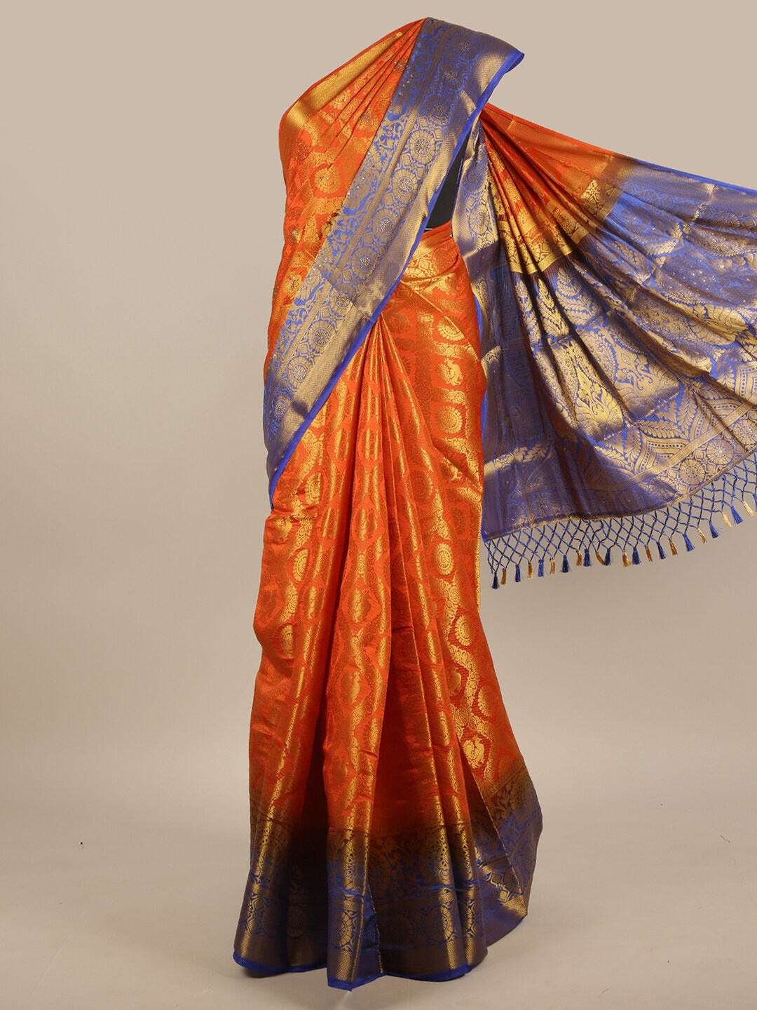 

Pothys Orange & Blue Ethnic Motifs Jute Silk Saree